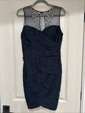 Adrianna Papell Navy Ruched Illusion Jeweled Bodycon Dress
